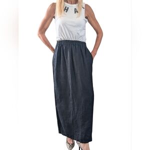 Vintage 90s Linen Maxi Skirt NWT Black Elastic Waist Minimalist Quiet Luxury S